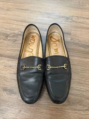 Sam Edelman Black Leather Horsebit Loafers with Gold Hardware